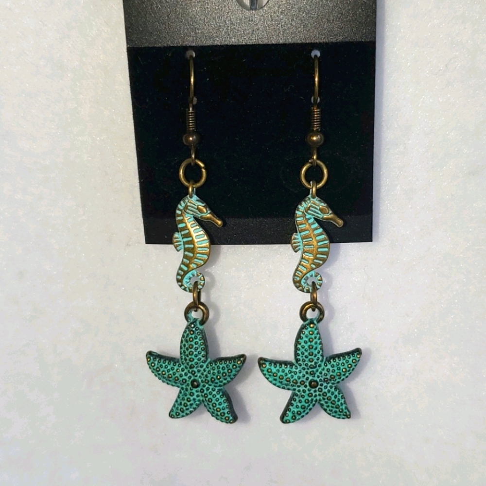 Womens bronze patina seahorse & star fish earrings